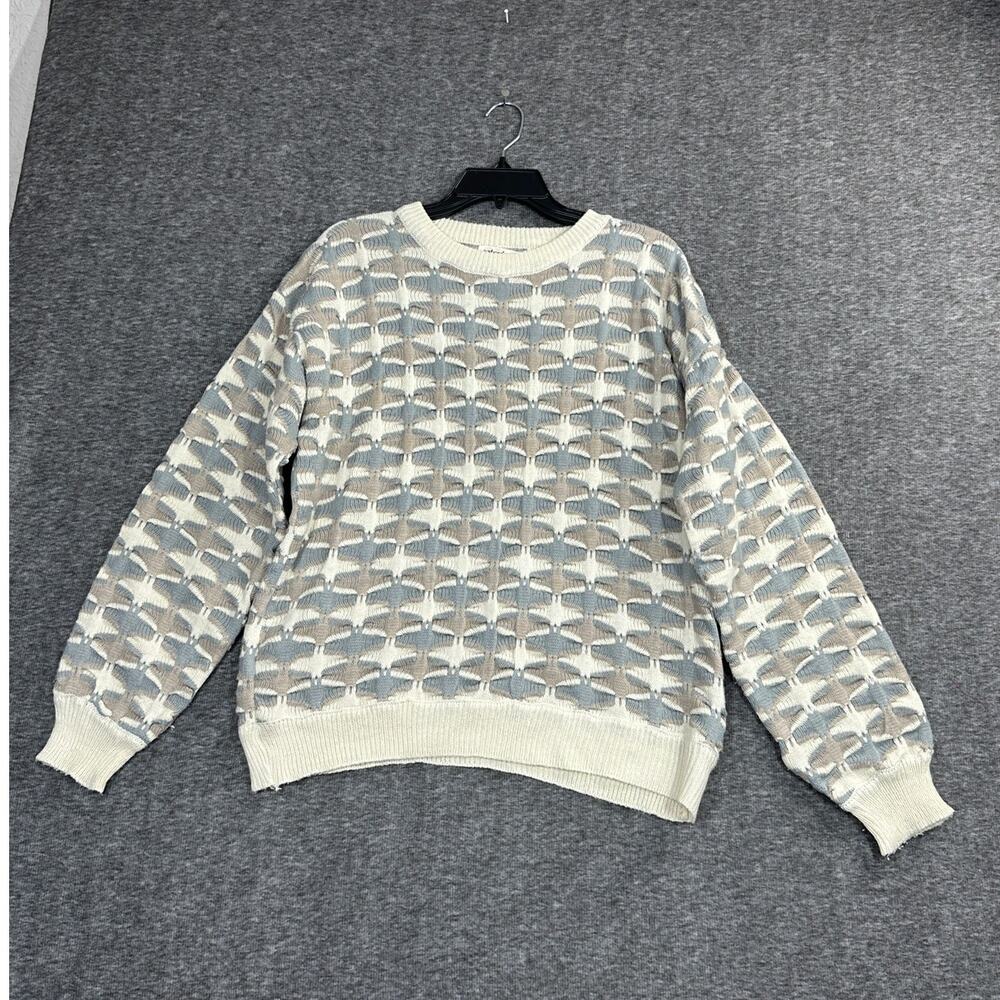 Vtg 90s Saturdays Sweater Mens Small Biggie 3D Knit Cosby Gray Cream